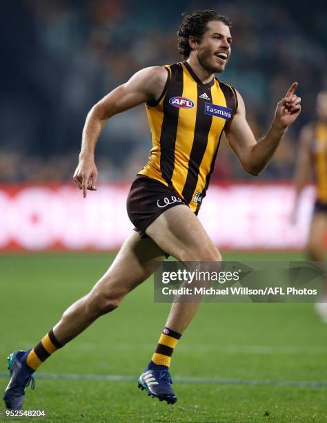 Isaac Smith of the Hawks celebrates a goal during the 2018 AFL round six match between the Hawthorn Hawks and the St Kilda Saints at UTAS Stadium on...