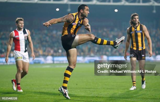 Shaun Burgoyne of the Hawks kicks the ball during the 2018 AFL round six match between the Hawthorn Hawks and the St Kilda Saints at UTAS Stadium on...