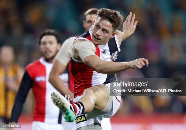 Jack Billings of the Saints kicks the ball during the 2018 AFL round six match between the Hawthorn Hawks and the St Kilda Saints at UTAS Stadium on...