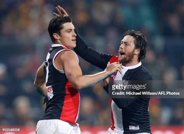 Jack Steele and Jack Steven of the Saints celebrate during the 2018 AFL round six match between the Hawthorn Hawks and the St Kilda Saints at UTAS...