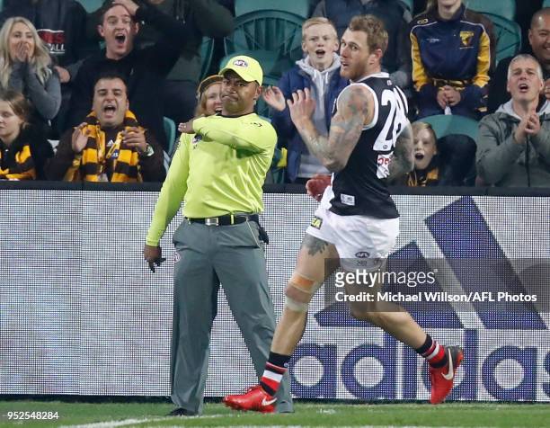 Tim Membrey of the Saints reacts after missing a shot on goal from the goal square during the 2018 AFL round six match between the Hawthorn Hawks and...
