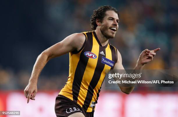 Isaac Smith of the Hawks celebrates a goal during the 2018 AFL round six match between the Hawthorn Hawks and the St Kilda Saints at UTAS Stadium on...