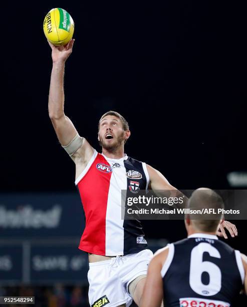 Tom Hickey of the Saints warms up during the 2018 AFL round six match between the Hawthorn Hawks and the St Kilda Saints at UTAS Stadium on April 28,...