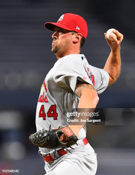Luke Gregerson of the St. Louis Cardinals pitches during the seventh inning against the Pittsburgh Pirates at PNC Park on April 28, 2018 in...