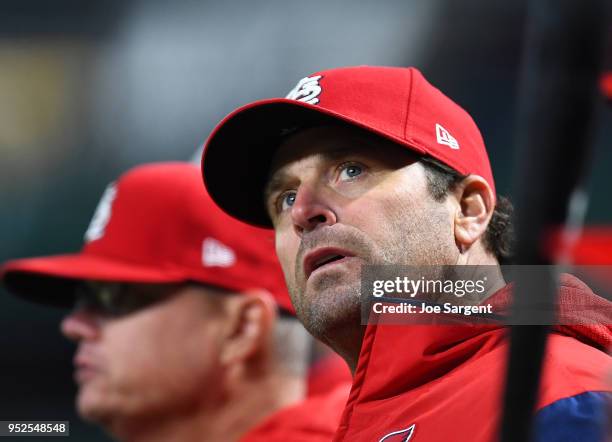 Manager Mike Matheny of the St. Louis Cardinals looks on during the seventh inning against the Pittsburgh Pirates at PNC Park on April 28, 2018 in...