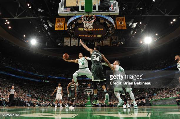 Shane Larkin of the Boston Celtics goes to the basket against the Milwaukee Bucks in Game Seven of Round One of the 2018 NBA. Playoffs on April 28,...