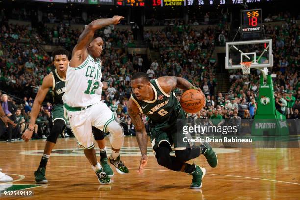 Eric Bledsoe of the Milwaukee Bucks handles the ball against Terry Rozier of the Boston Celtics in Game Seven of Round One of the 2018 NBA. Playoffs...