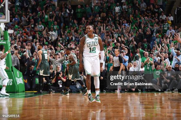 Terry Rozier of the Boston Celtics reacts during the game against the Milwaukee Bucks in Game Seven of Round One of the 2018 NBA. Playoffs on April...