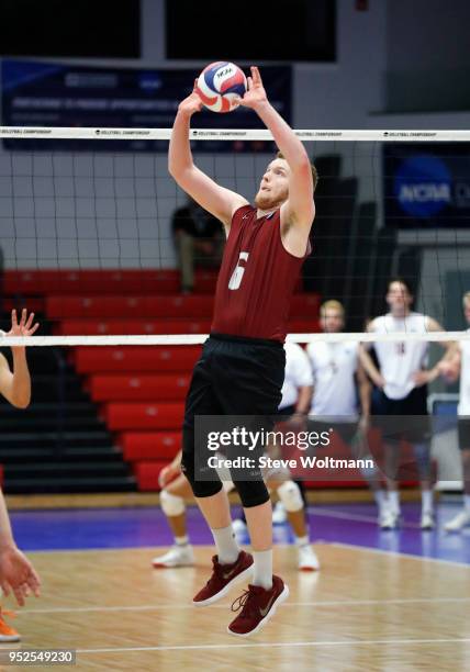 Stevens Institute's setter Jacob Patterson puts the ball up at the Division III Men's Volleyball Championship held at the Tarble Athletic and...