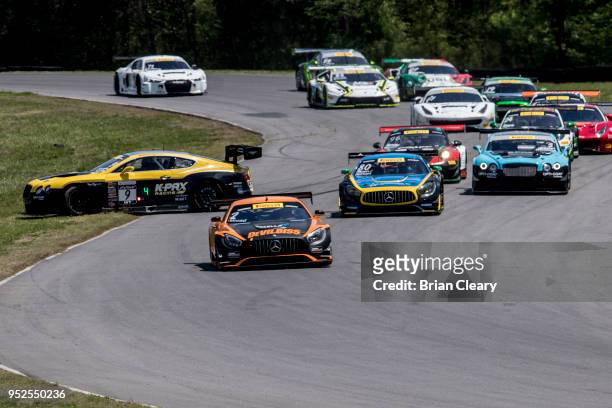 The Bentley Continental GT3 of Alvaro Parente of Portugal spins off the track during the Pirelli World Challenge GT race at Virginia International...
