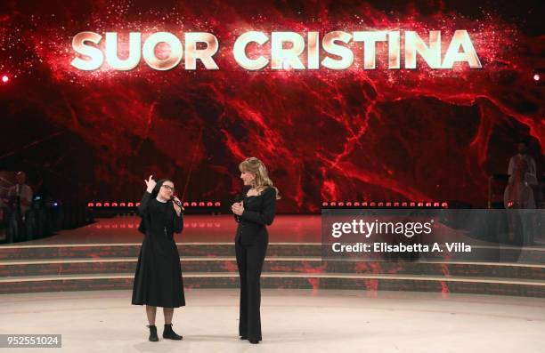 Suor Cristina and Milly Carlucci attend the Italian TV show Ballando Con Le Stelle at RAI Auditorium on April 28, 2018 in Rome, Italy.