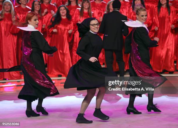 Suor Cristina perform on the Italian TV show Ballando Con Le Stelle at RAI Auditorium on April 28, 2018 in Rome, Italy.