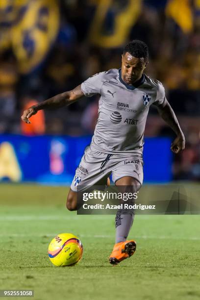 Dorlan Pabon of Monterrey kicks the ball during the 17th round match between Tigres UANL and Monterrey as part of the Torneo Clausura 2018 Liga MX at...