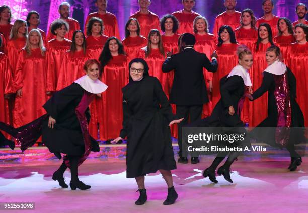 Suor Cristina perform on the Italian TV show Ballando Con Le Stelle at RAI Auditorium on April 28, 2018 in Rome, Italy.