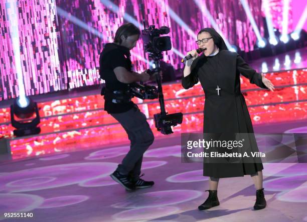 Suor Cristina performs on the Italian TV show Ballando Con Le Stelle at RAI Auditorium on April 28, 2018 in Rome, Italy.