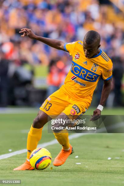 Enner Valencia of Tigres drives the ball during the 17th round match between Tigres UANL and Monterrey as part of the Torneo Clausura 2018 Liga MX at...