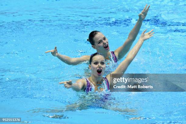 Yekaterina Nemich and Alexandra Nemich of Kazakhstan compete during the Duet Free Routine on day three of the FINA Artistic Swimming Japan Open at...