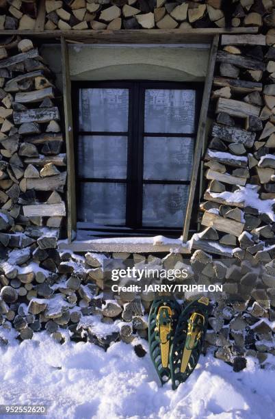 Snowshoeing, Bed and breakfast Le Cret l Agneau, village of La Longeville, massif of Jura mountains, Doubs department, Franche Comte region, France.