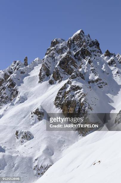 The Saulire mountains, Courchevel 1850 ski resort, Trois Vallees skiing area, Tarentaise valley, Savoie department, Rhone Alpes region, France.