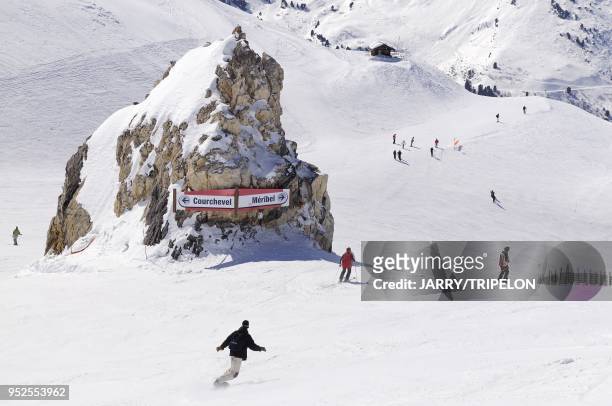 Ski slopes sign Meribel-Courchevel, Meribel ski resort, Trois Vallees skiing area, Tarentaise valley, Savoie department, Rhone Alpes region, France.