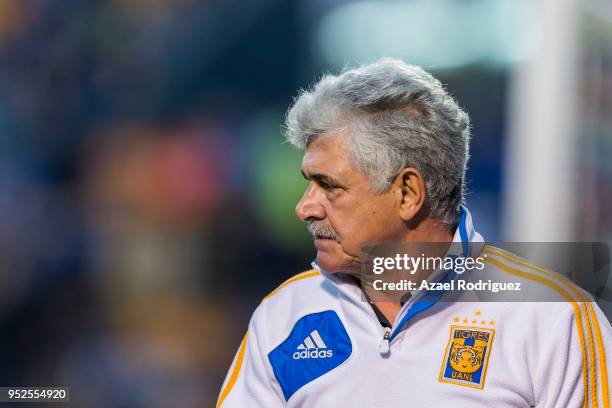 Ricardo Ferretti, coach of Tigres, gets back in the field during the 17th round match between Tigres UANL and Monterrey as part of the Torneo...