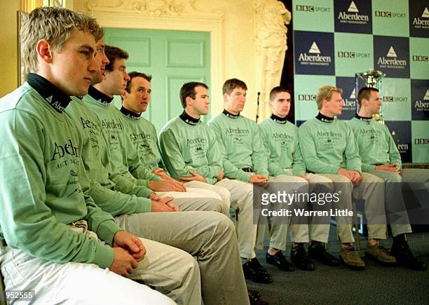 The Cambridge team sit during the Presidents Challange and Crew Announcement for the 147th Oxford & Cambridge Boat Race held at Putney Bridge,...