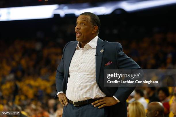 New Orleans Pelicans head coach Alvin Gentry reacts after being given a technical foul against the Golden State Warriors during Game One of the...