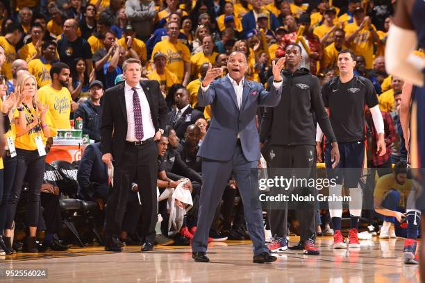 Coach Alvin Gentry of the New Orleans Pelicans celebrates during the game against the Golden State Warriors in Game One of Round Two of the 2018 NBA...