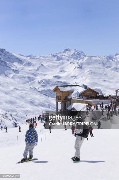 Les Pierres Plates mountain restaurant located at the top of Saulire mountain, Meribel ski resort, Trois Vallees skiing area, Tarentaise valley,...