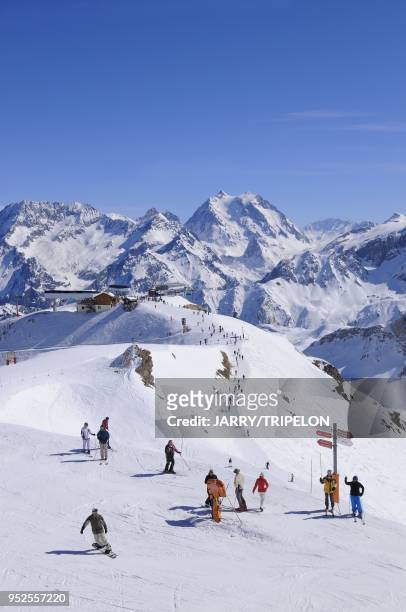 Top of Vizelle and Vanoise mountains with the Grande Casse seen from Saulire, Meribel ski resort, Trois Vallees skiing area, Tarentaise valley,...
