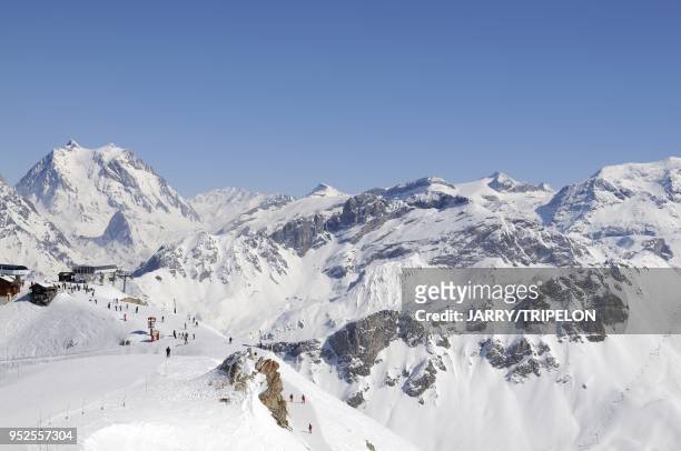 Top of Vizelle and Vanoise mountains with the Grande Casse seen from Saulire, Meribel ski resort, Trois Vallees skiing area, Tarentaise valley,...