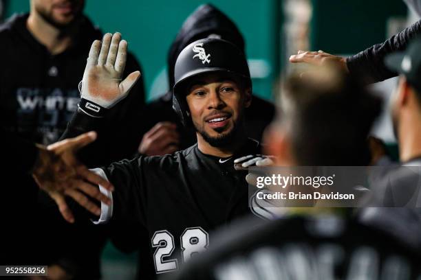 Leury Garcia of the Chicago White Sox celebrates scoring a run against the Kansas City Royals during the eighth inning of game two of a double header...