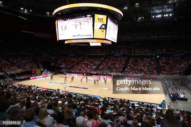 General view of the Super Netball round 1 match between Giants Netball and Sunshine Coast Lightning at Qudos Bank Arena on April 29, 2018 in Sydney,...