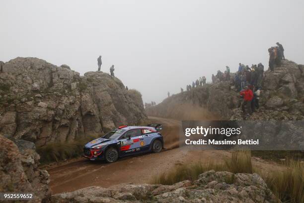 Daniel Sordo of Spain and Carlos Del Barrio of Spain compete in their Hyundai Shell Mobis WRT Hyundai i20 Coupe WRC during Day Three of the WRC...