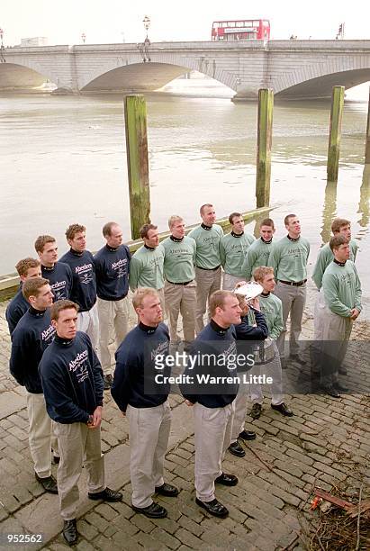 Both Oxford and Cambridge team pose along the Thames river during the Presidents Challange and Crew Announcement for the 147th Oxford & Cambridge...