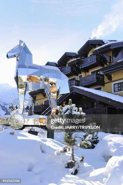 The Cheval de Troie, mirror sculpture by Bruno Peinado, Cheval Blanc Hotel and Palace 5 stars, located in Jardin Alpin district, Courchevel 1850 ski...