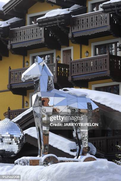 The Cheval de Troie, mirror sculpture by Bruno Peinado, Cheval Blanc Hotel and Palace 5 stars, located in Jardin Alpin district, Courchevel 1850 ski...