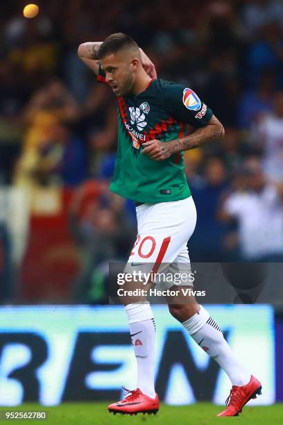 Jeremy Menez of America celebrates after scoring the first goal of his team during the 17th round match between America and Santos Laguna as part of...