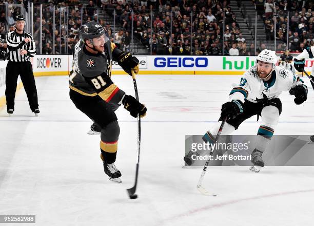 Jonathan Marchessault of the Vegas Golden Knights attempts a shot on goal against the San Jose Sharks in Game Two of the Western Conference Second...