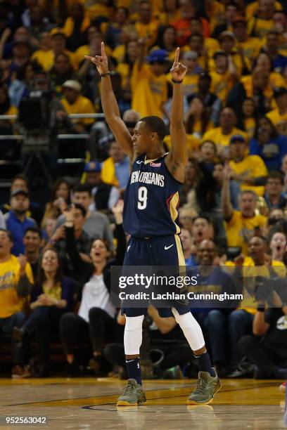 Rajon Rondo of the New Orleans Pelicans celebrates a buzzer-beater at the end of the second quarter during Game One of the Western Conference...