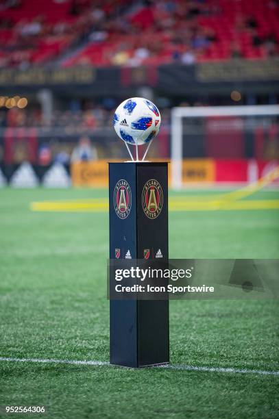 The game ball in before an MLS regular season game between the Montreal Impact and Atlanta United at Mercedes-Benz Stadium in Atlanta, Ga on April...
