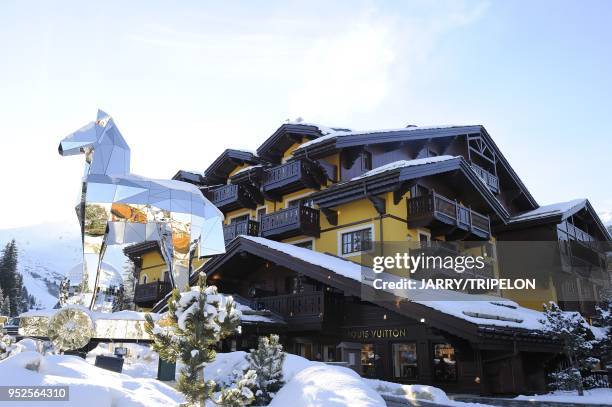 The Cheval de Troie, mirror sculpture by Bruno Peinado, Cheval Blanc Hotel and Palace 5 stars, located in Jardin Alpin district, Courchevel 1850 ski...