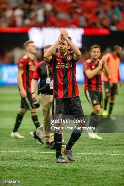 Michael Parkhurst of Atlanta United thanking the fans an MLS regular season game between the Montreal Impact and Atlanta United at Mercedes-Benz...