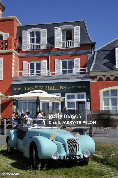 Hold Burton car in front of Les Tourelles hotel near the beach of Le Crotoy, Baie de Somme and Cote d'Opale area, Somme department, Picardie region,...