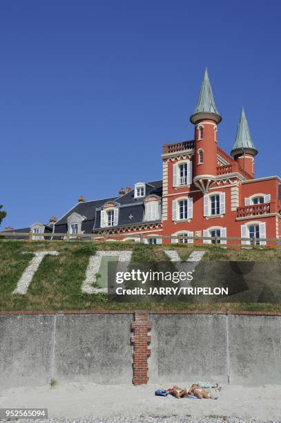 Les Tourelles hotel and the beach of Le Crotoy, Baie de Somme and Cote d'Opale area, Somme department, Picardie region, France.