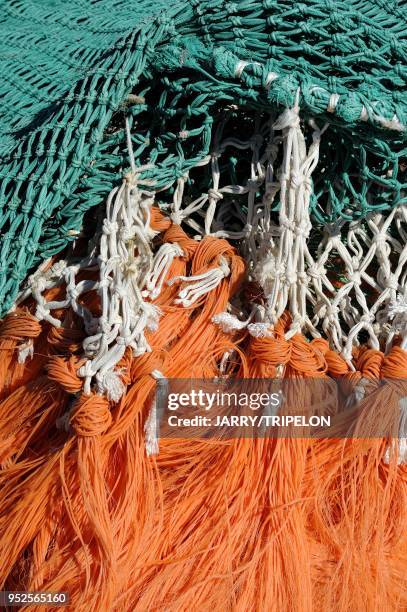 Detail of fishing net at Le Crotoy, Baie de Somme and Cote d'Opale area, Somme department, Picardie region, France.