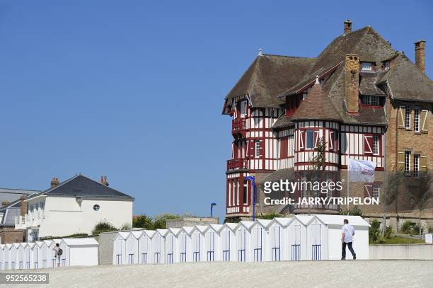 The beach huts at Le Crotoy, Baie de Somme and Cote d'Opale area, Somme department, Picardie region, France.