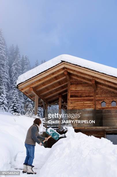 Haute-Savoie Massif des Aravis, station de ski et village Le Grand Bornand, vallée du Bouchet, lieu-dit Les Tronc, personne déneigeant son chalet.