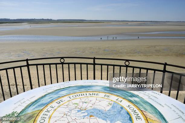 Viewpoint indicator on the beach of Le Crotoy, Baie de Somme and Cote d'Opale area, Somme department, Picardie region, France.