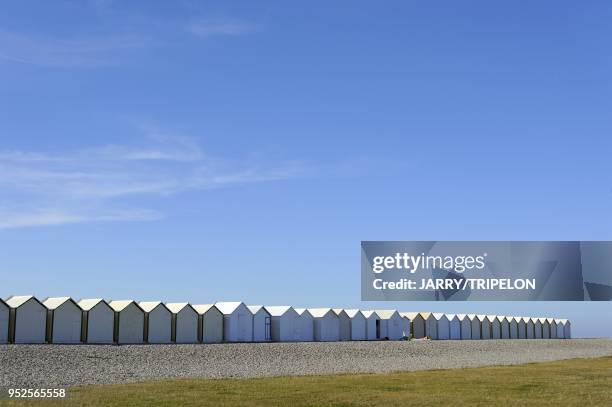 Beach huts on the beach of pebbles at Cayeux-sur-Mer, village of Baie de Somme and Cote d'Opale area, Somme department, Picardie region, France.